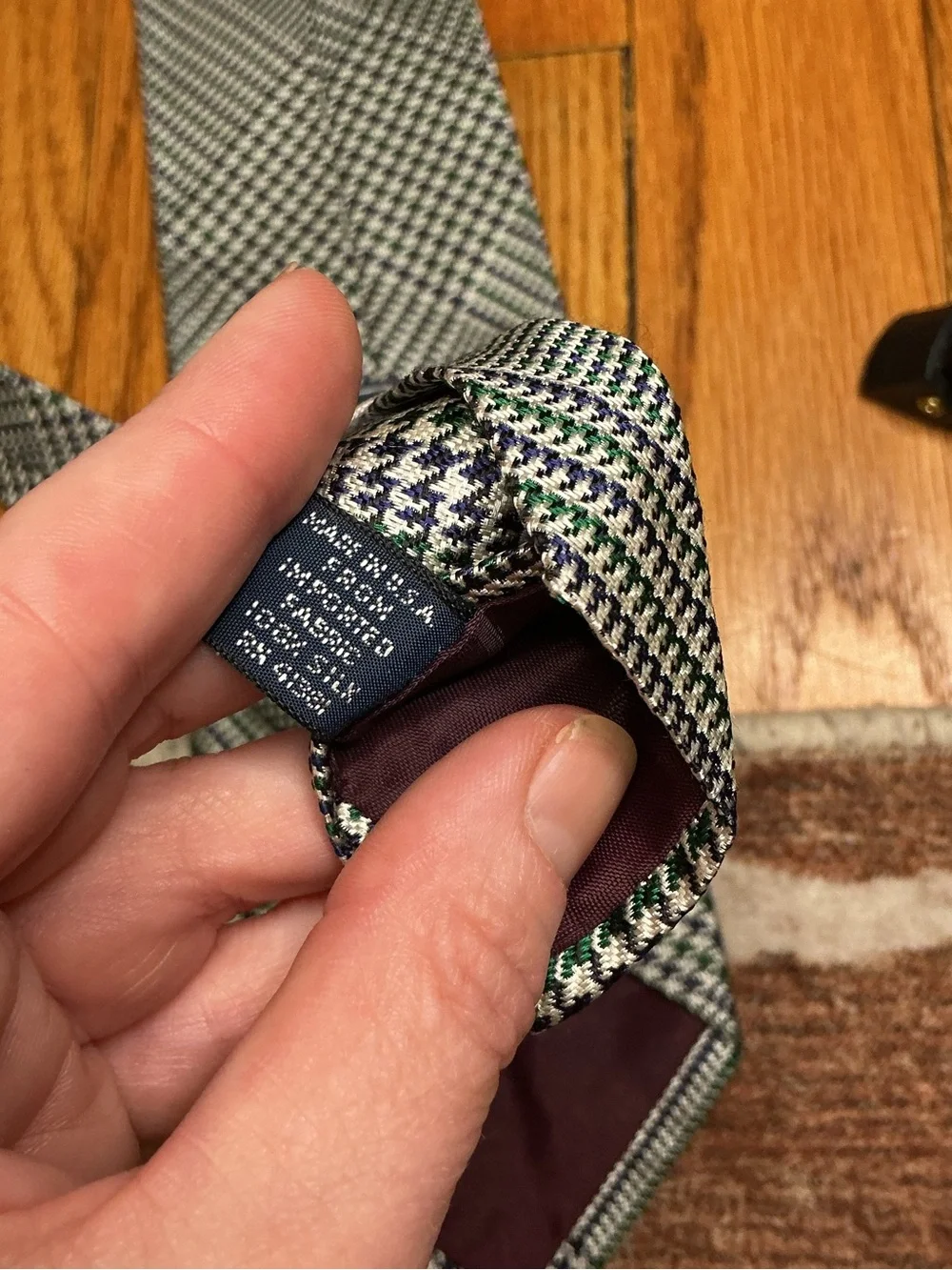 Ralph Lauren Navy, Green and Silver Houndstooth Silk Tie